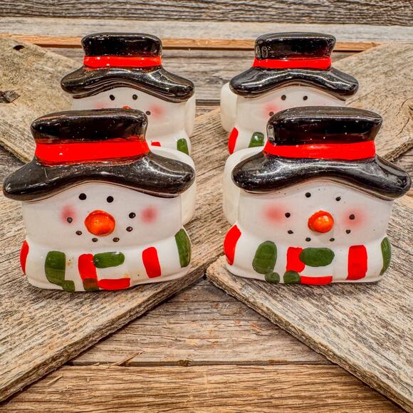 Set of 4, Ceramic Snowman Napkin Rings/Holders, Kitchen Christmas Holiday Decor - Picture 1 of 6